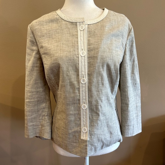 Worth Tan Linen and Leather Button Front Three Quarter Sleeve Blazer Jacket, 14 - Picture 1 of 7